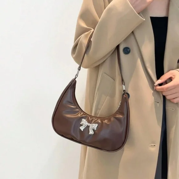 Brown leather shoulder bag with bow detail | armpit dumpling crescent moon purse - Picture 9 of 12